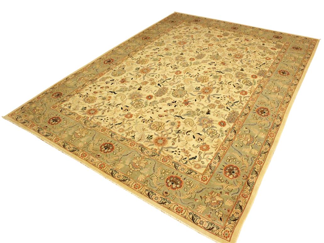 handmade Traditional Lahore Ivory Lt. Green Hand Knotted RECTANGLE 100% WOOL area rug 9x12