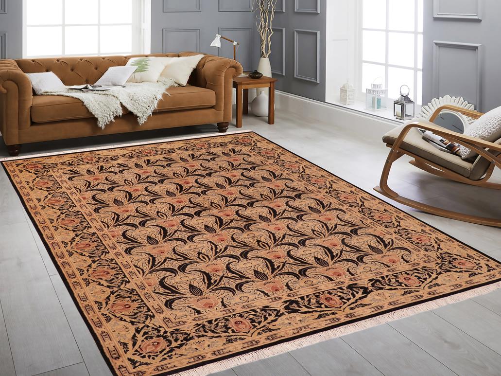 handmade Transitional Tulip Black Beige Hand Knotted RECTANGLE 100% WOOL area rug 6x9