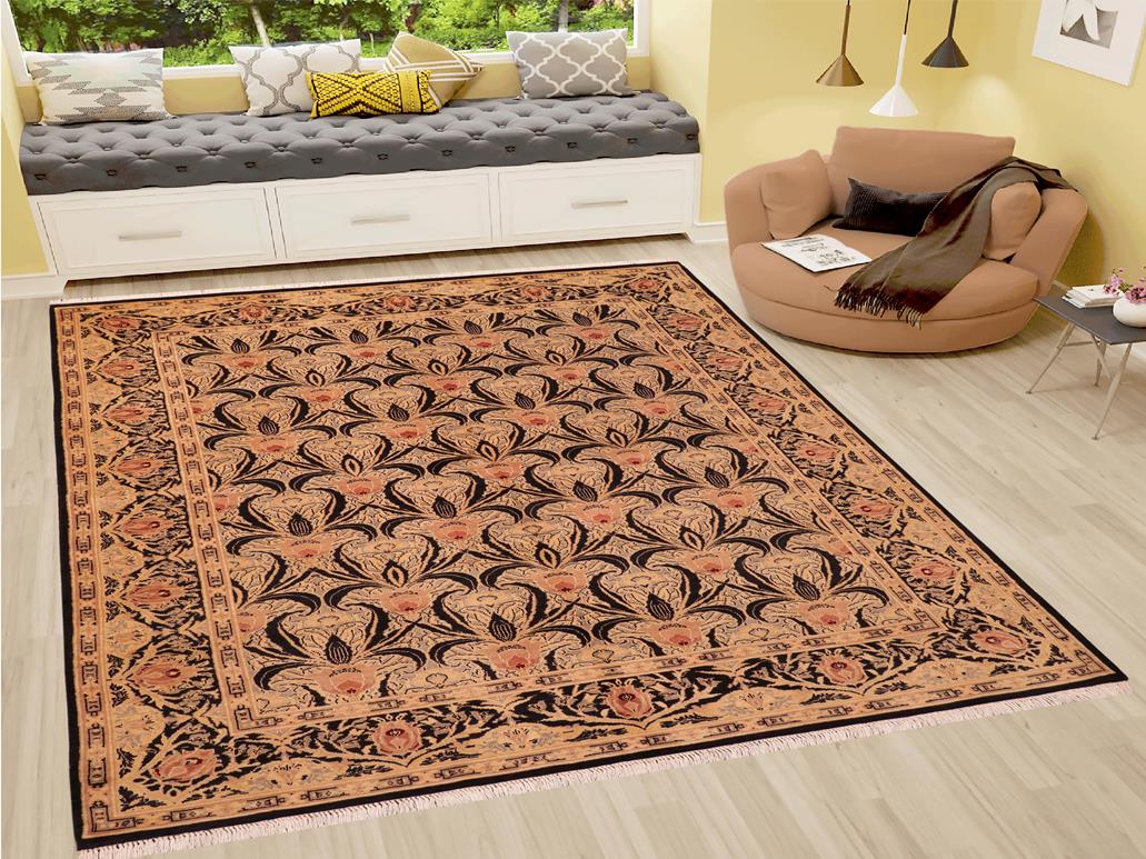 handmade Transitional Tulip Black Red Hand Knotted RECTANGLE 100% WOOL area rug 6x9