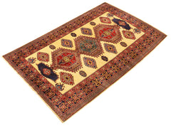 handmade Geometric Sherwan Gold Blue Hand Knotted RECTANGLE 100% WOOL area rug 5x6