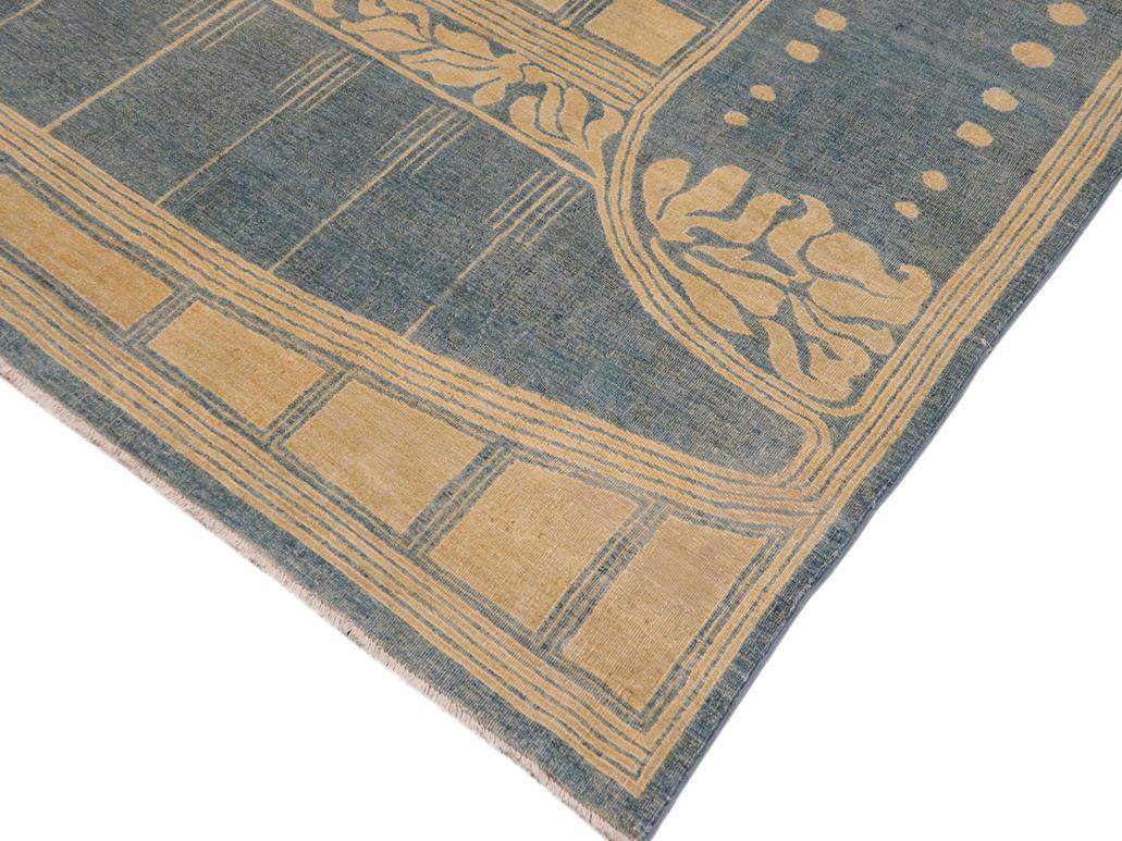 handmade Geometric Antique Blue Gold Hand Knotted RECTANGLE 100% WOOL area rug 9x11