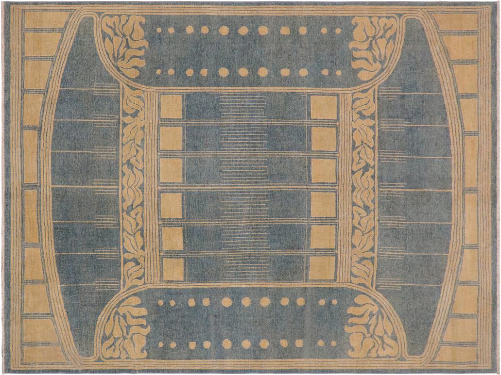 handmade Geometric Antique Blue Gold Hand Knotted RECTANGLE 100% WOOL area rug 9x11