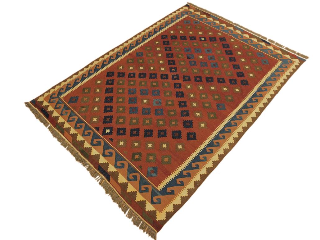 handmade Geometric Kilim Rust Blue Hand-Woven RECTANGLE 100% WOOL area rug 7x10
