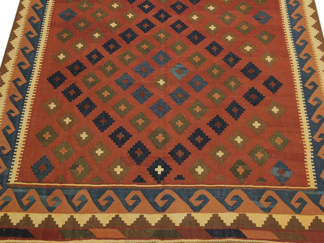 handmade Geometric Kilim Rust Blue Hand-Woven RECTANGLE 100% WOOL area rug 7x10