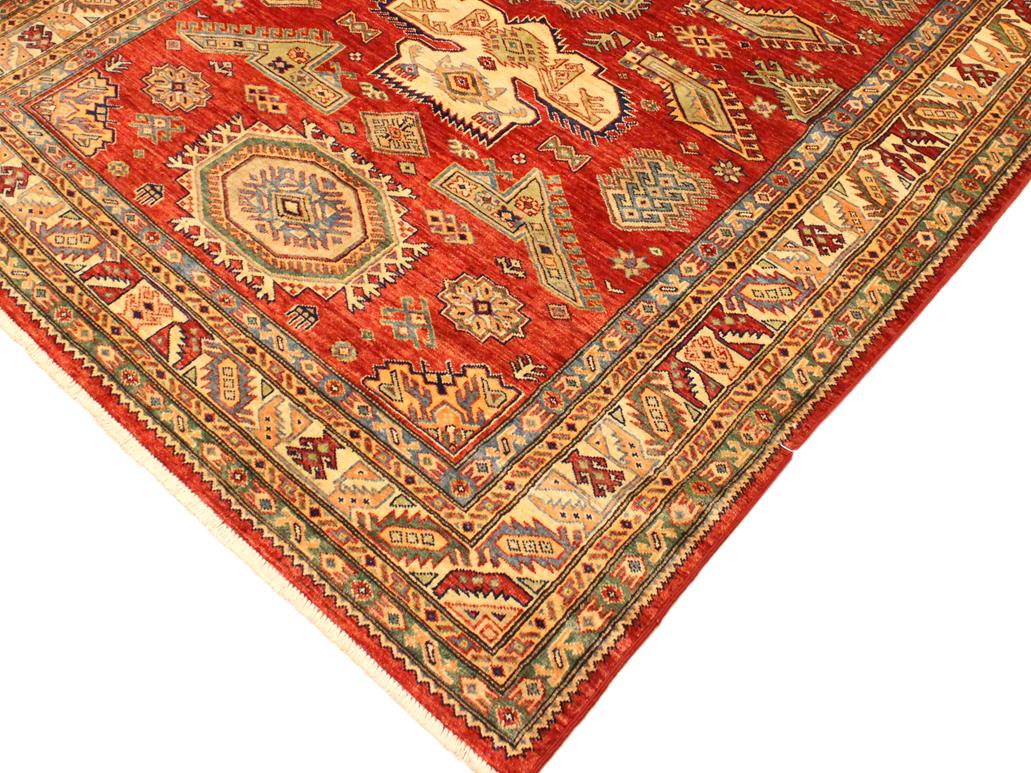 handmade Geometric Super Kazak Red Tan Hand Knotted RECTANGLE 100% WOOL area rug 6x8