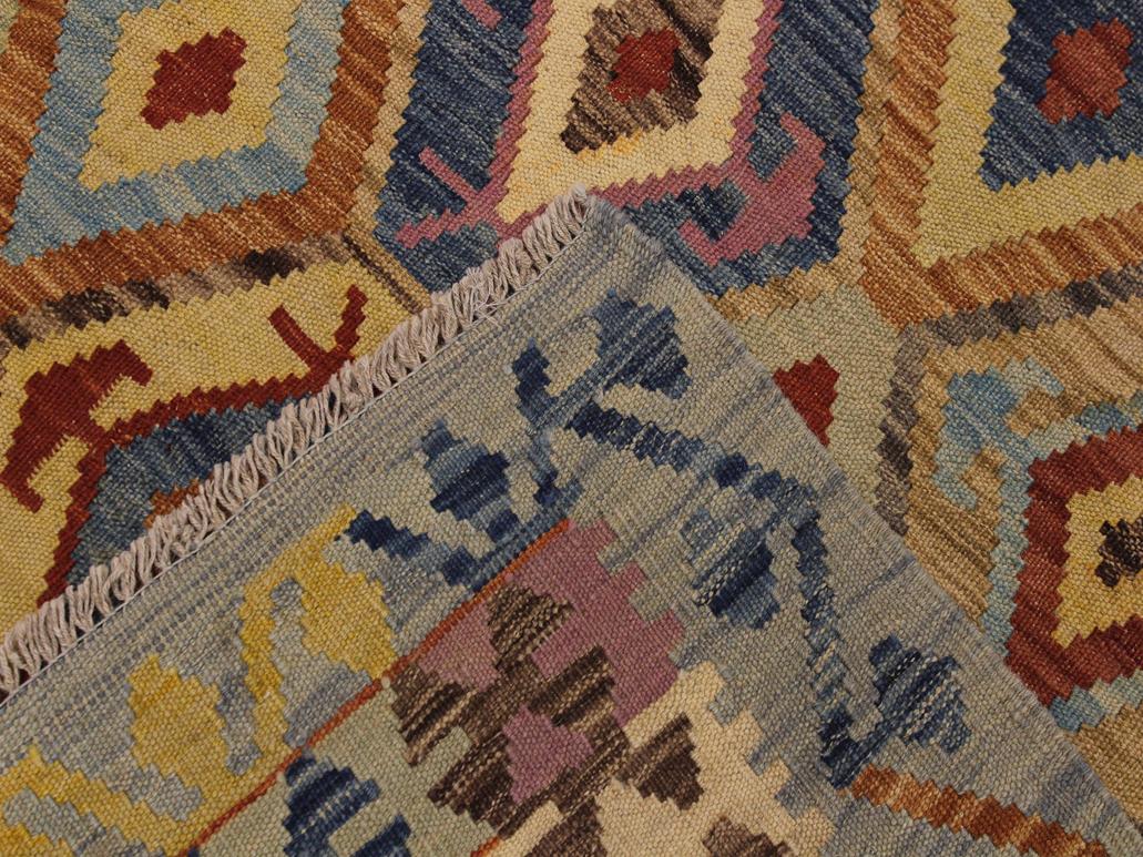 handmade Geometric Kilim Blue Tan Hand-Woven RECTANGLE 100% WOOL area rug 7x9