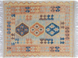 Retro Turkish Kilim Heath Gray/Blue Wool Rug - 3'4'' x 5'5''