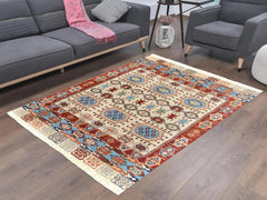 handmade Geometric Khorgeen Ivory Red Hand Knotted RECTANGLE 100% WOOL area rug 5x7