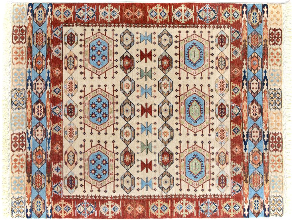 handmade Geometric Khorgeen Ivory Red Hand Knotted RECTANGLE 100% WOOL area rug 5x7