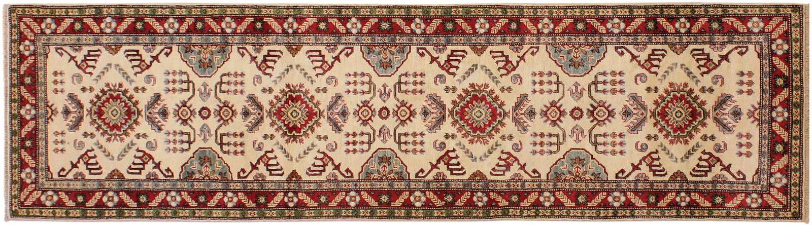 handmade Geometric Kazak Ivory Red Hand Knotted RUNNER 100% WOOL area rug 3x10
