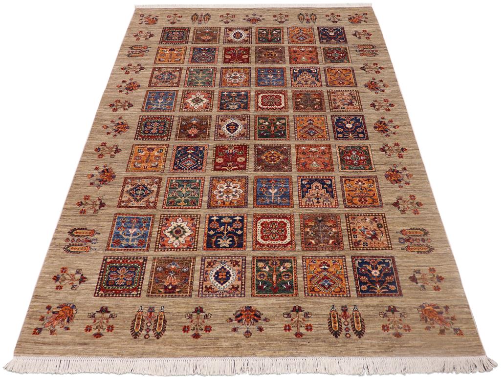 handmade Geometric Khorgeen Tan Blue Hand Knotted RECTANGLE WOOL&SILK area rug 7x9