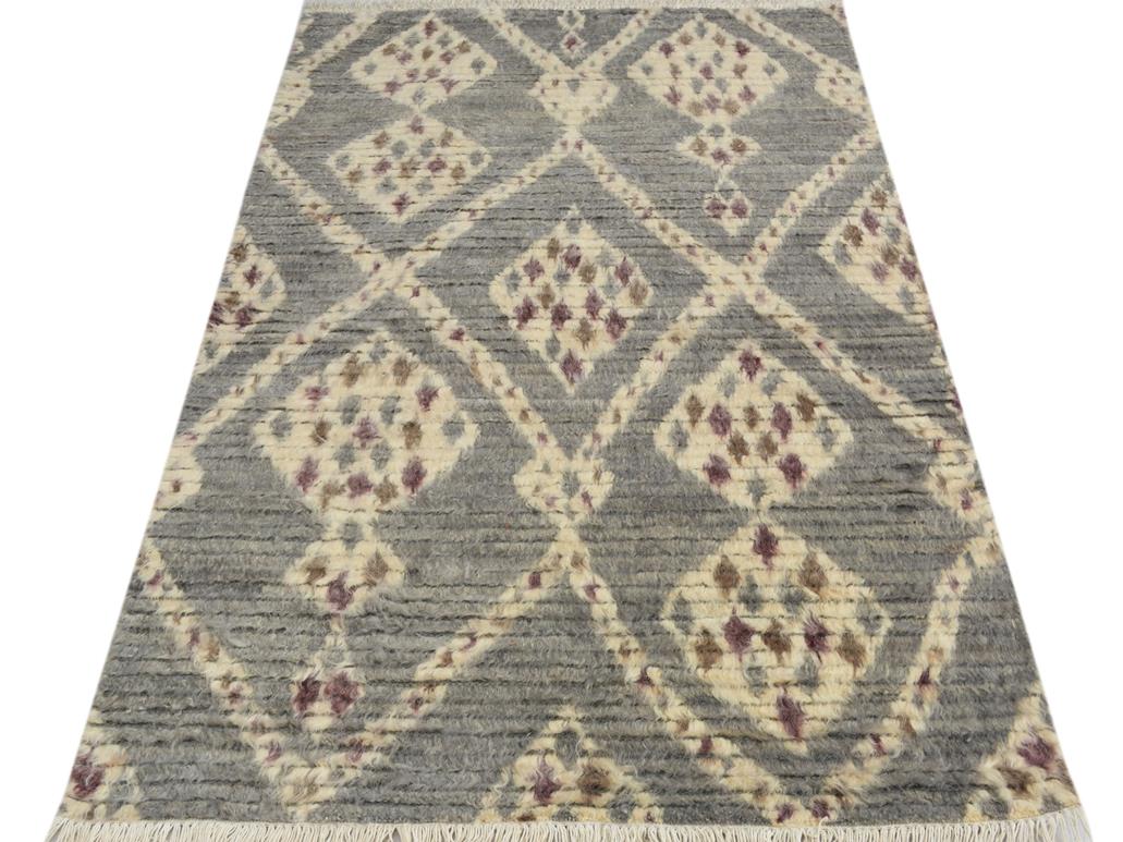 handmade Modern Moroccan Gray Ivory Hand Knotted RECTANGLE 100% WOOL area rug 4x6