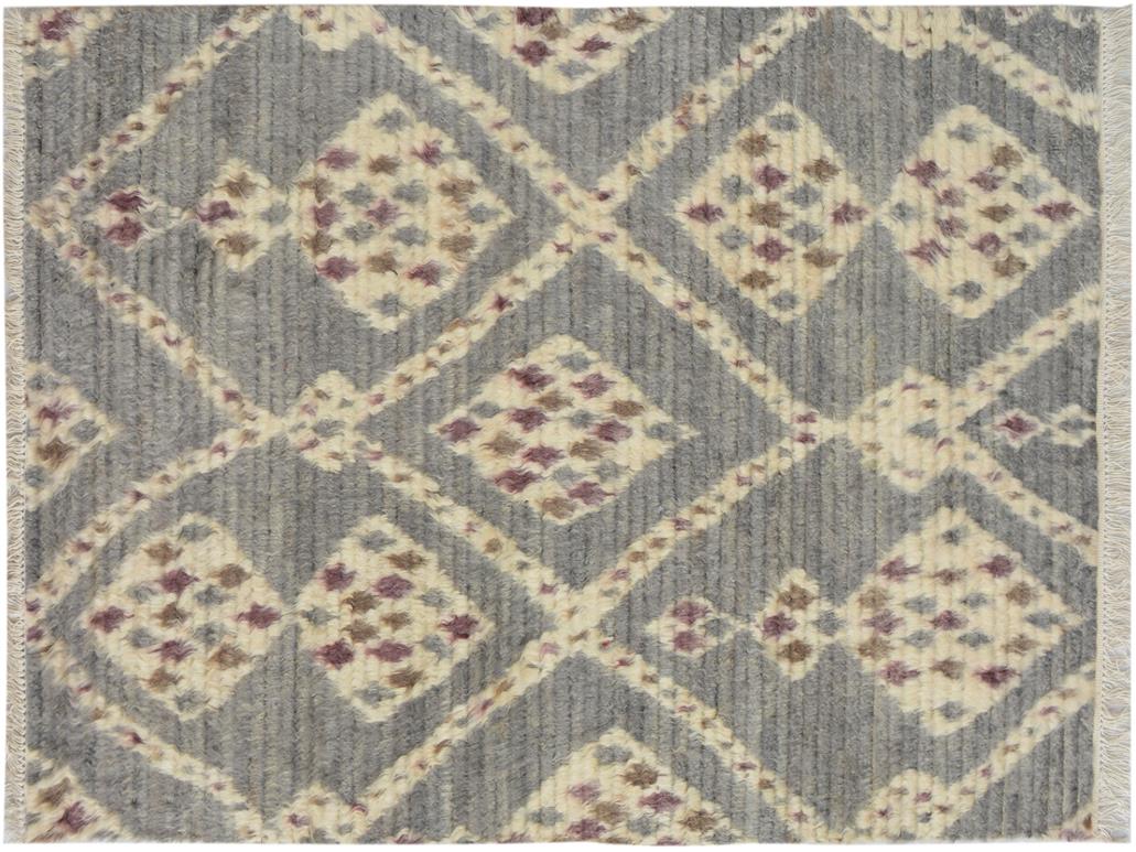 handmade Modern Moroccan Gray Ivory Hand Knotted RECTANGLE 100% WOOL area rug 4x6