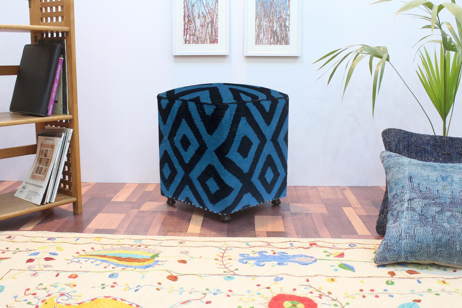 handmade  Ottoman Lt. Blue Black HandmadeRECTANGLE 100% WOOL area rug 