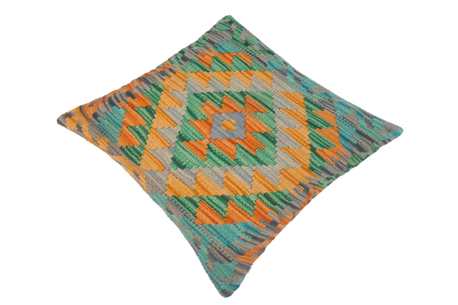 handmade Traditional Pillow Orange Green Hand-Woven SQUARE 100% WOOL kilim throw pillow