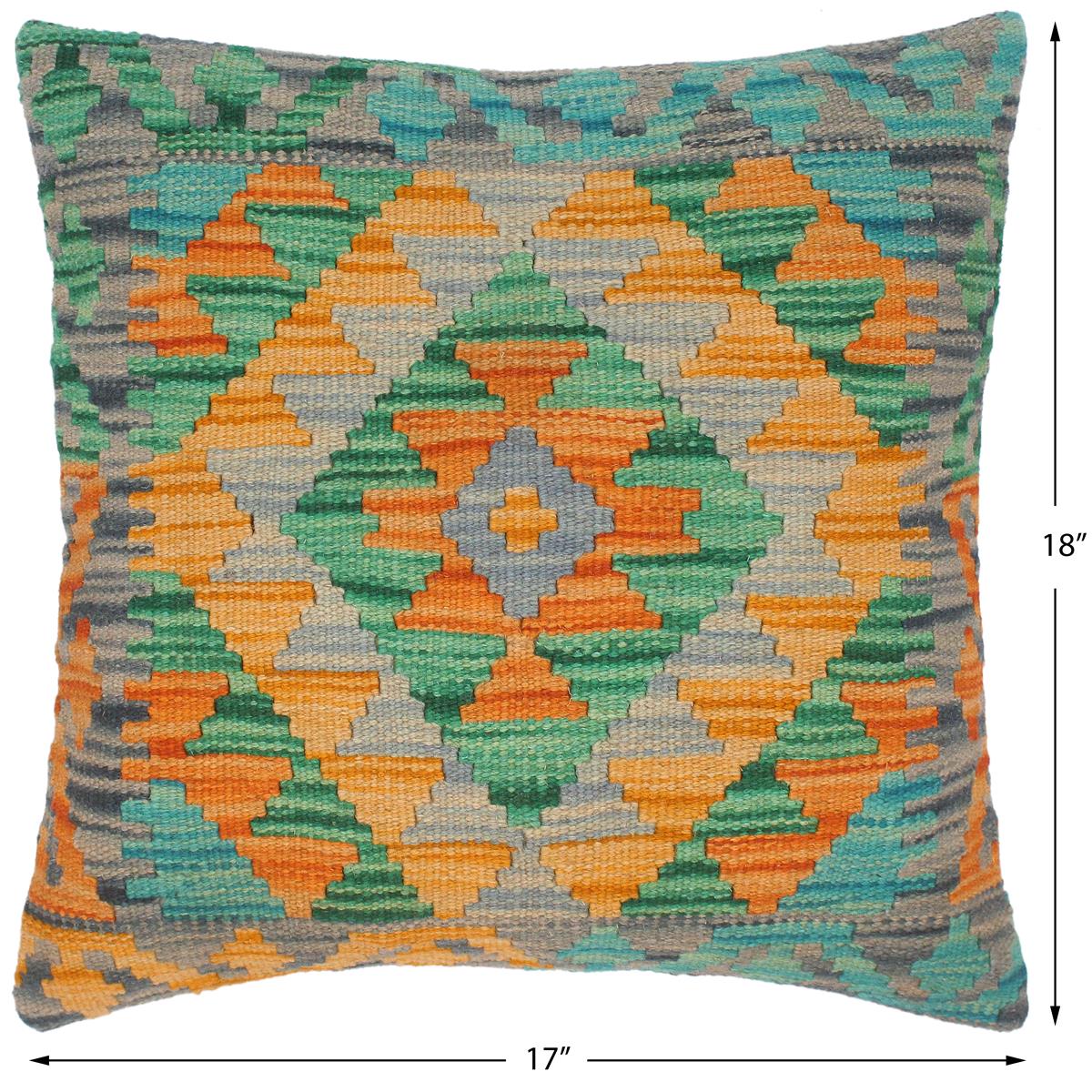 handmade Traditional Pillow Orange Green Hand-Woven SQUARE 100% WOOL kilim throw pillow