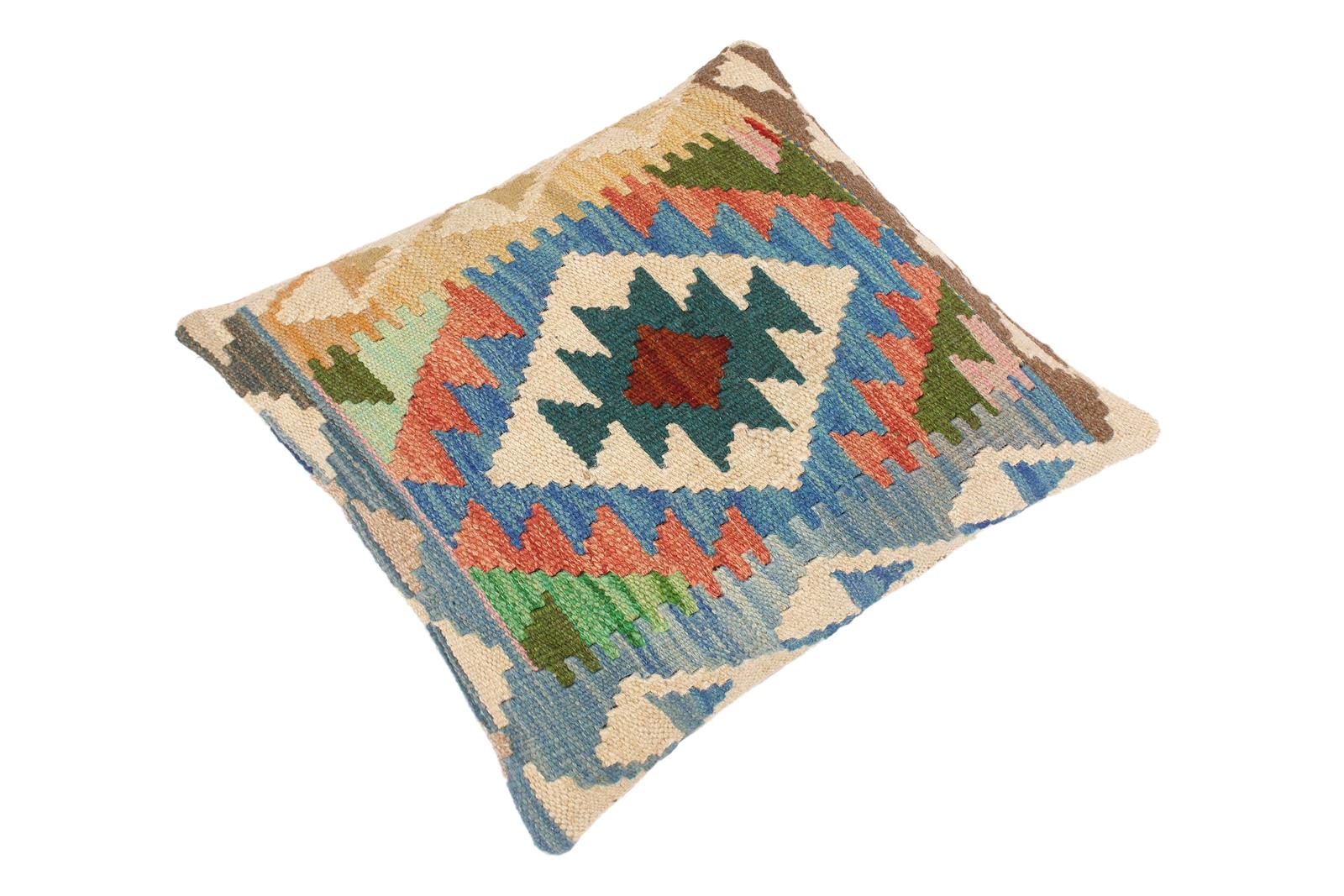 handmade Traditional Pillow Blue Beige Hand-Woven SQUARE 100% WOOL area rug
