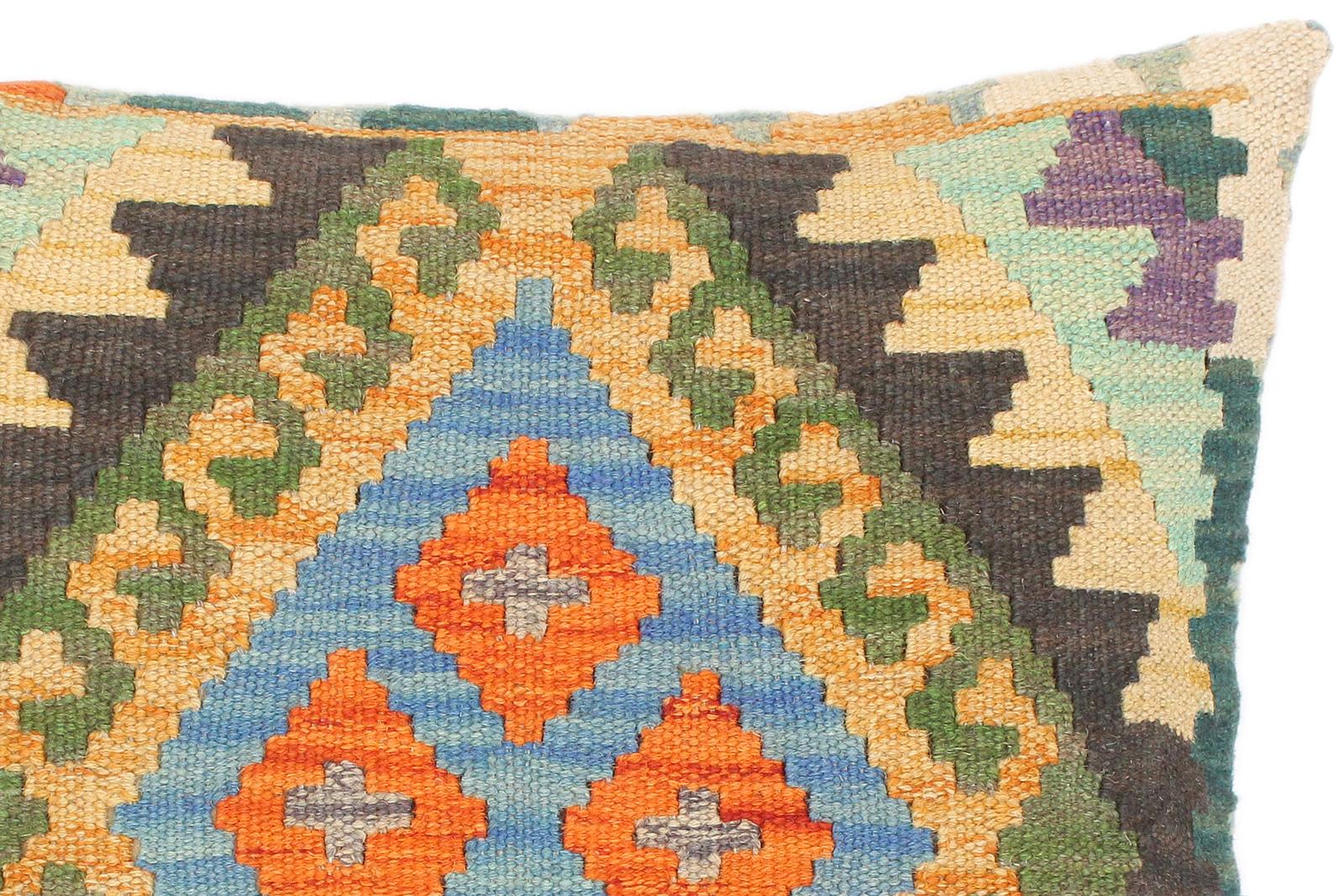 handmade Traditional Pillow Blue Gold Hand-Woven SQUARE 100% WOOL kilim throw pillow