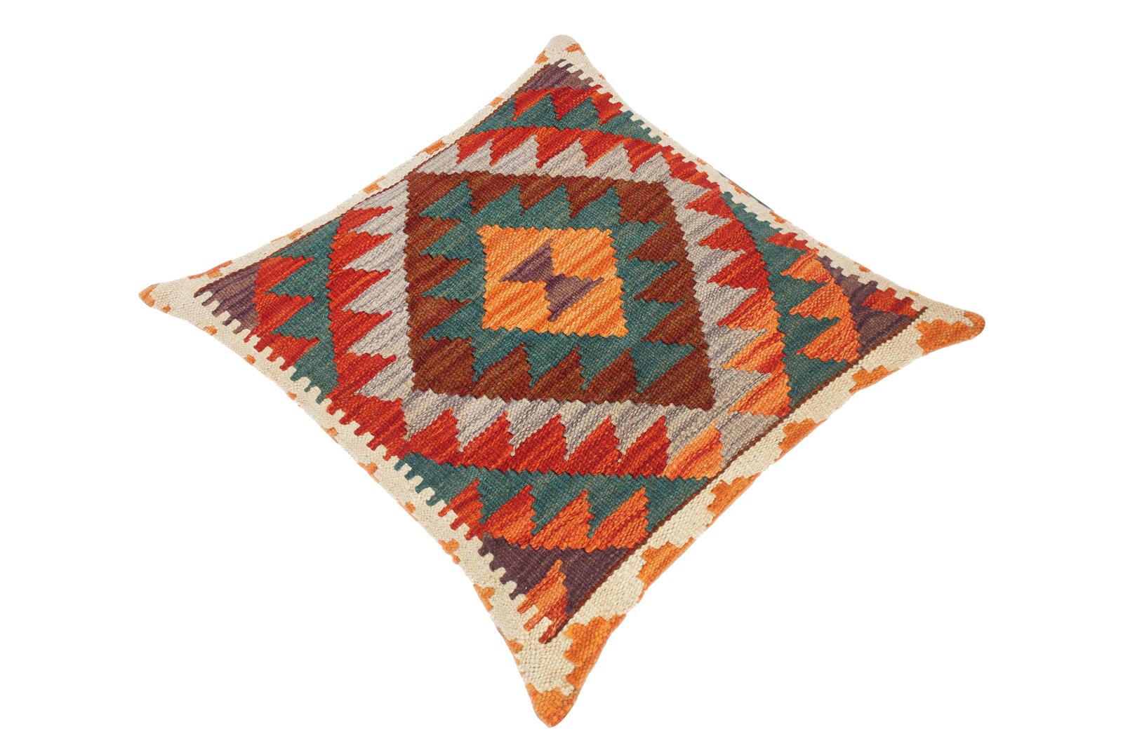 handmade Traditional Pillow Rust Green Hand-Woven SQUARE 100% WOOL kilim throw pillow