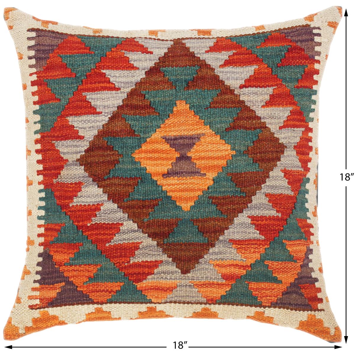 handmade Traditional Pillow Rust Green Hand-Woven SQUARE 100% WOOL kilim throw pillow