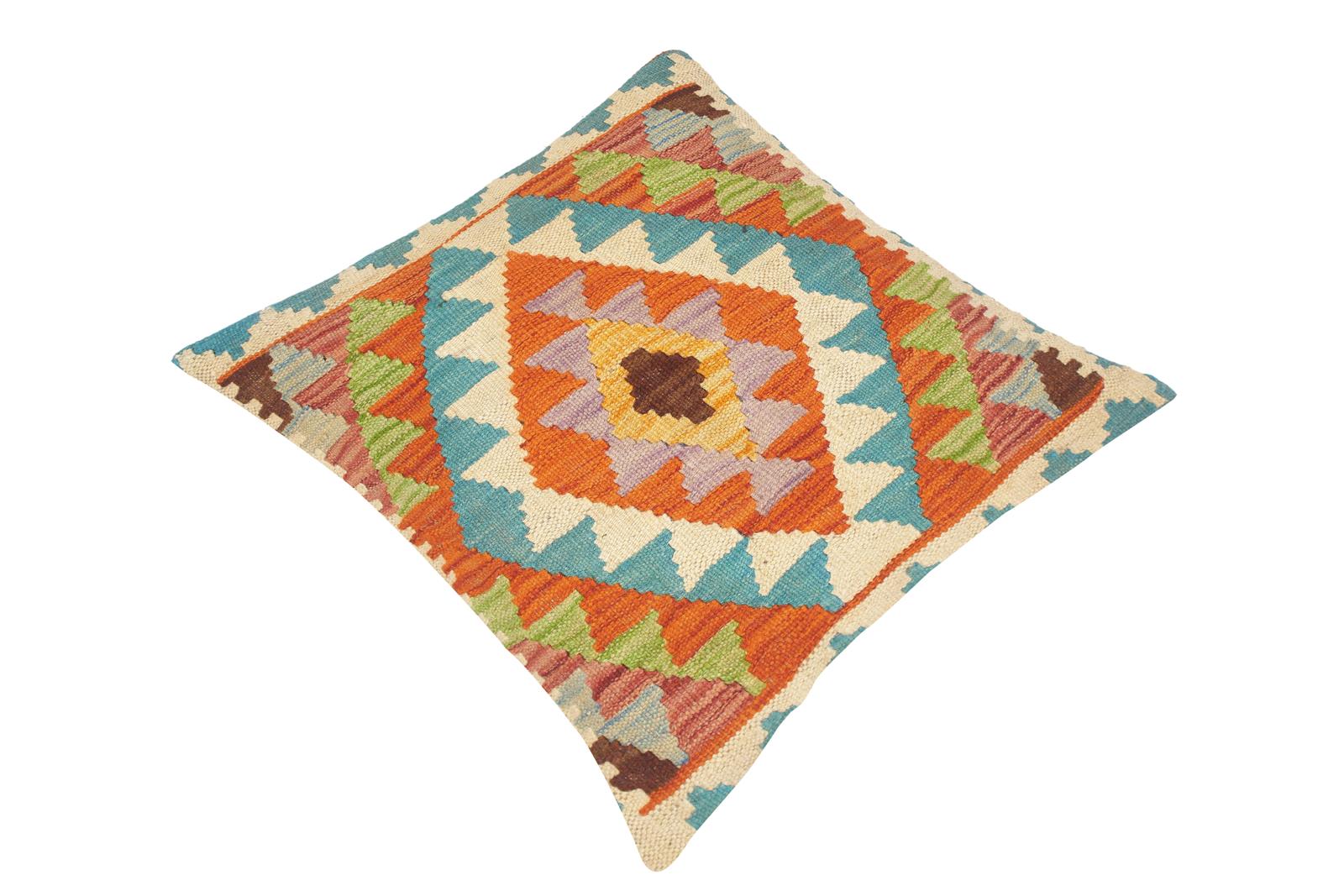 handmade Traditional Pillow Rust Teal Hand-Woven SQUARE 100% WOOL kilim throw pillow