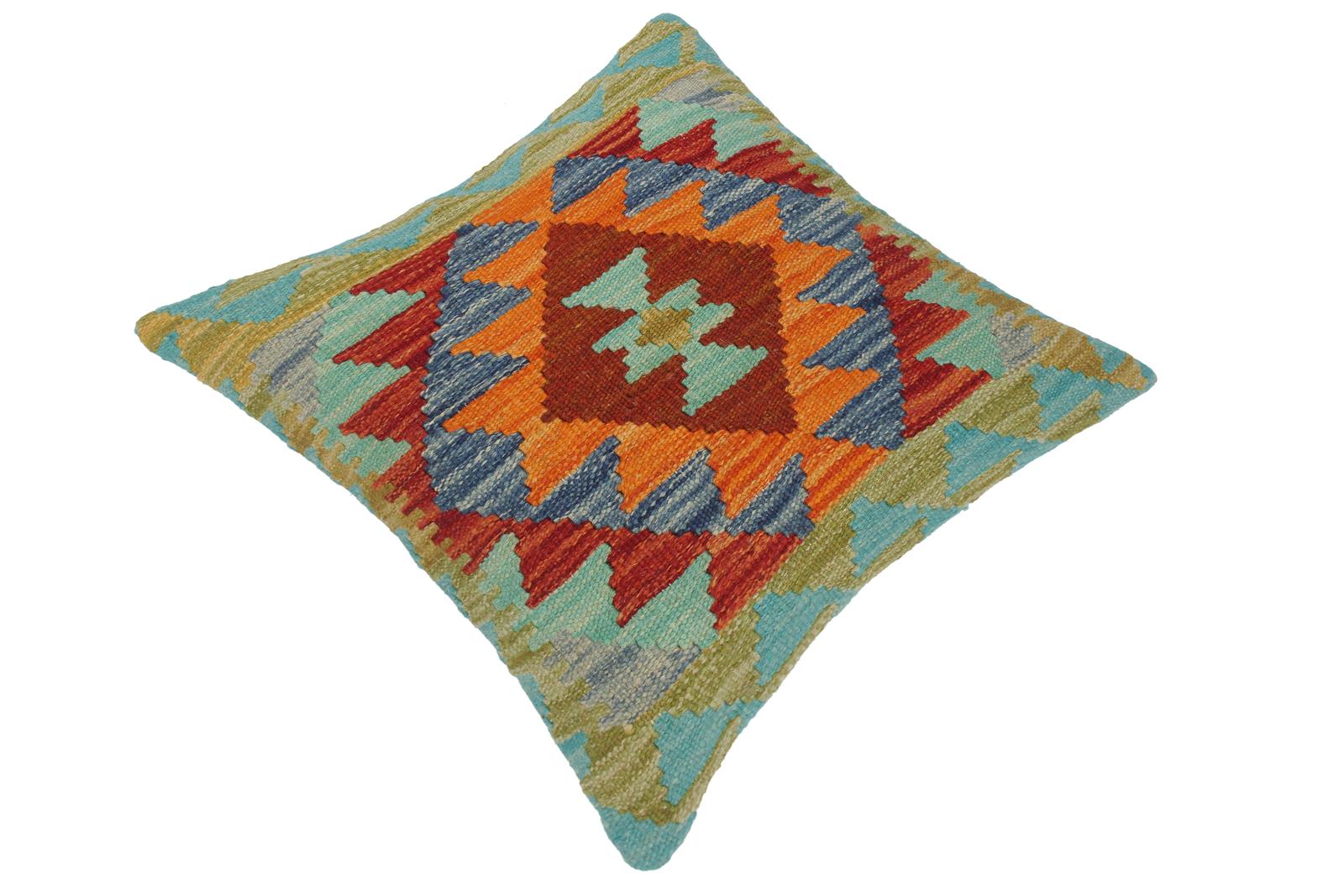 handmade Traditional Pillow Blue Rust Hand-Woven SQUARE 100% WOOL kilim throw pillow