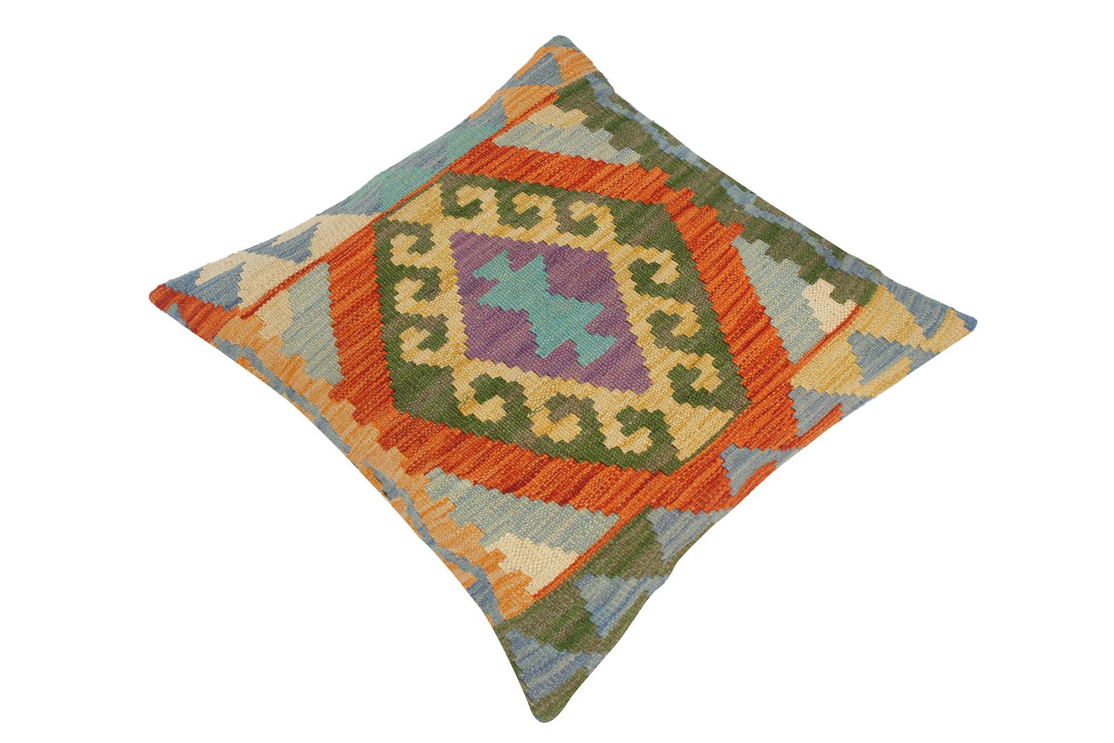 handmade Traditional Pillow Blue Gold Hand-Woven SQUARE 100% WOOL kilim throw pillow