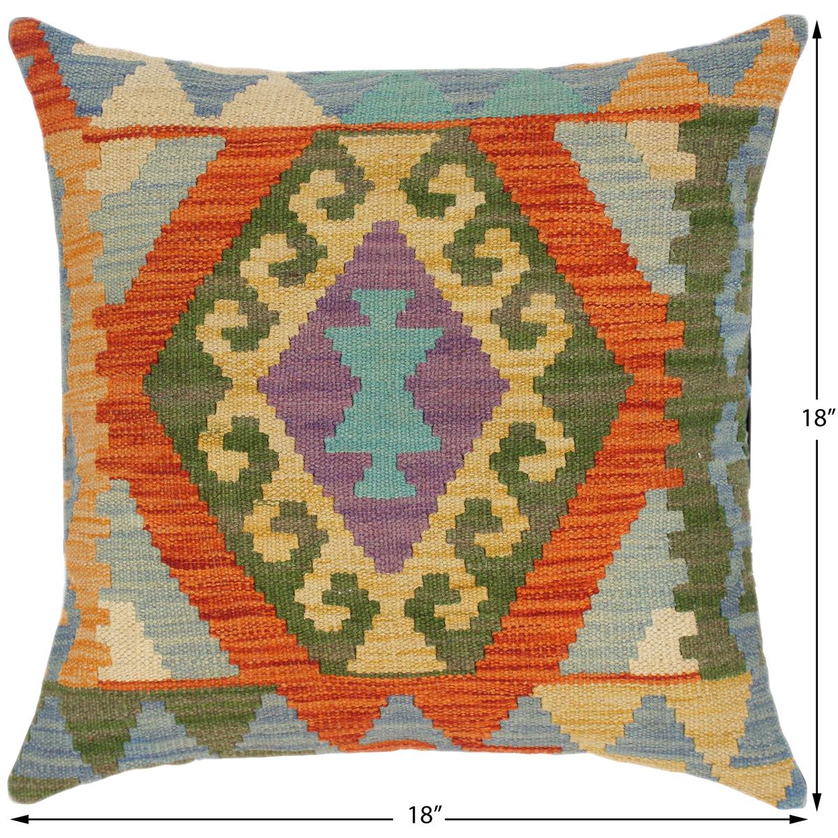 handmade Traditional Pillow Blue Gold Hand-Woven SQUARE 100% WOOL kilim throw pillow