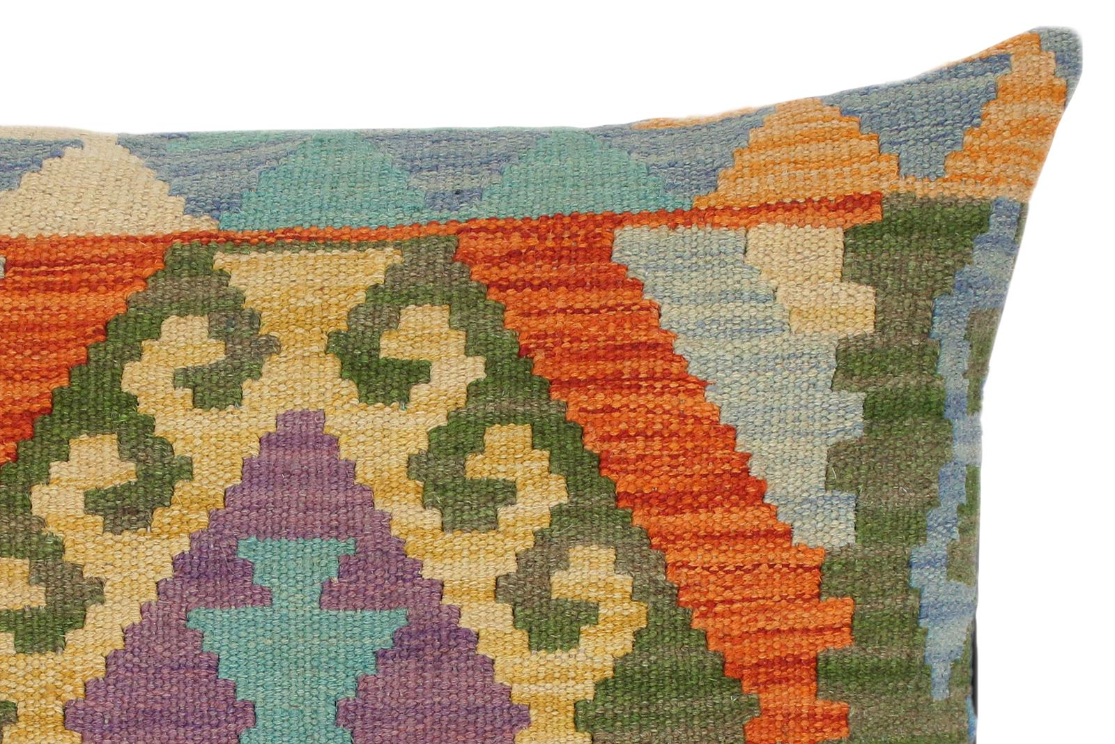 handmade Traditional Pillow Blue Gold Hand-Woven SQUARE 100% WOOL kilim throw pillow