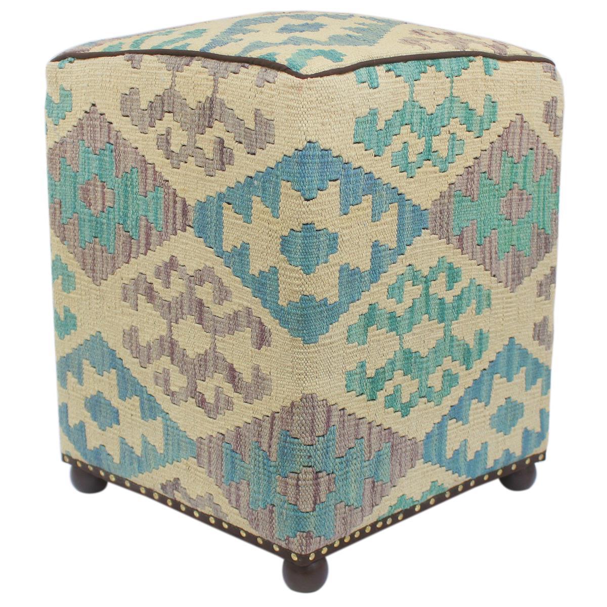 handmade  Ottoman Beige Black Hand-made SQUARE 100% WOOL 