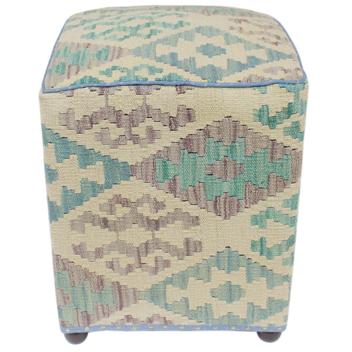 handmade Traditional Ottoman Beige Blue Hand-made SQUARE handmade ottoman pouf