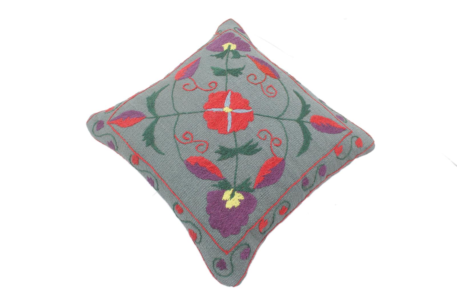 handmade  Pillow Gray Red Hand-Woven SQUARE 100% Wool Suzani Throw Pillow