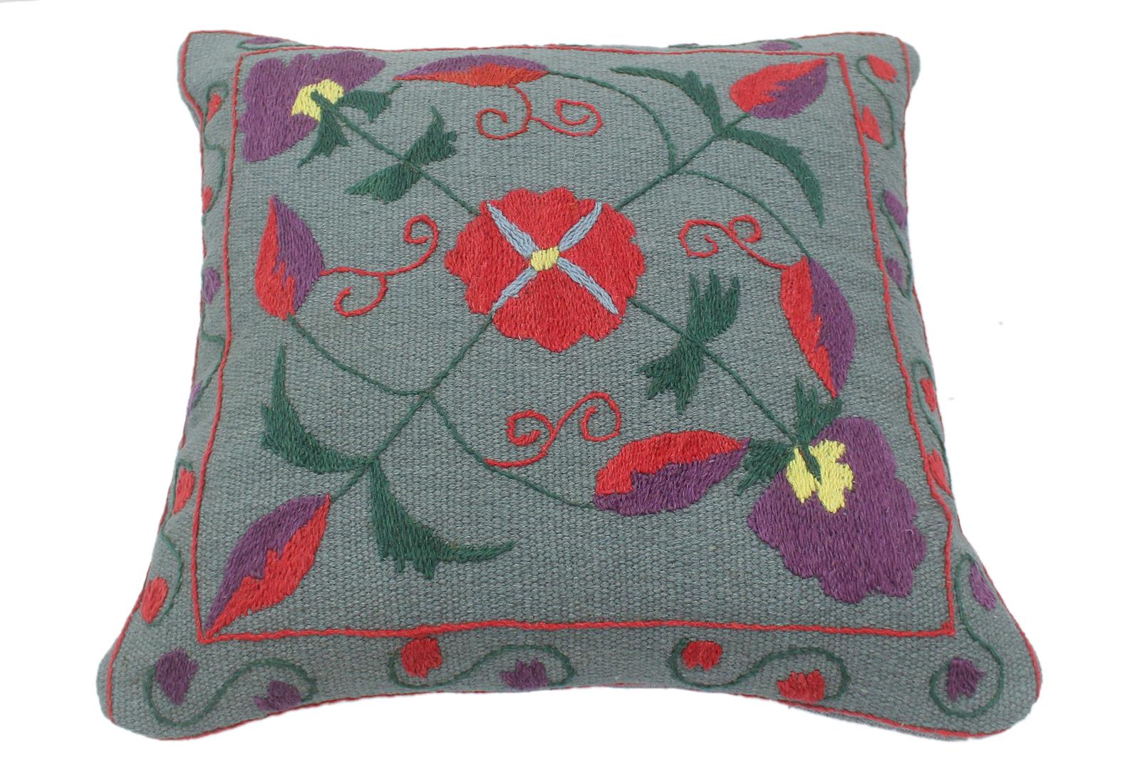 handmade  Pillow Gray Red Hand-Woven SQUARE 100% Wool Suzani Throw Pillow