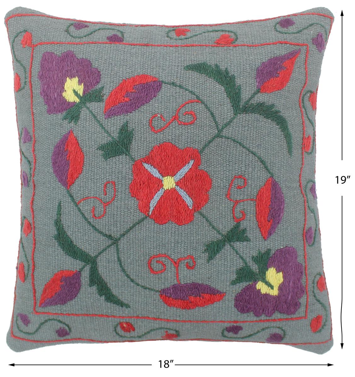 handmade  Pillow Gray Red Hand-Woven SQUARE 100% Wool Suzani Throw Pillow