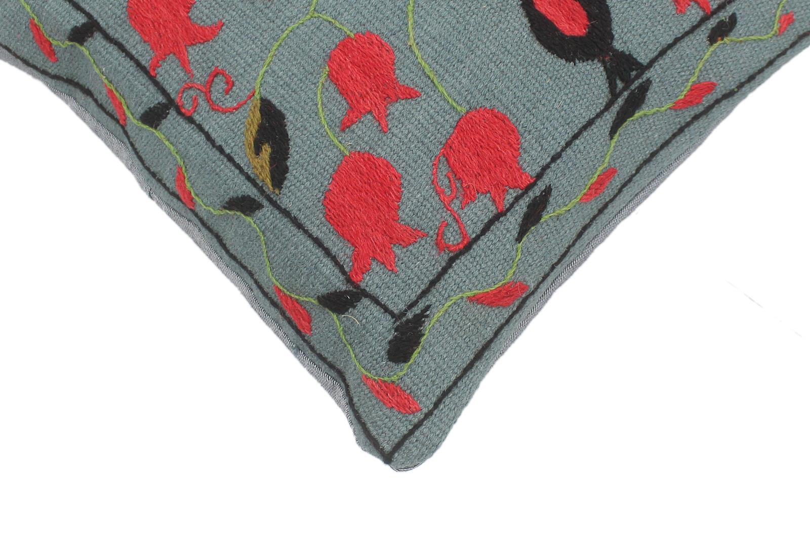 handmade  Pillow Gray Red Hand-Woven SQUARE 100% Wool Suzani Throw Pillow