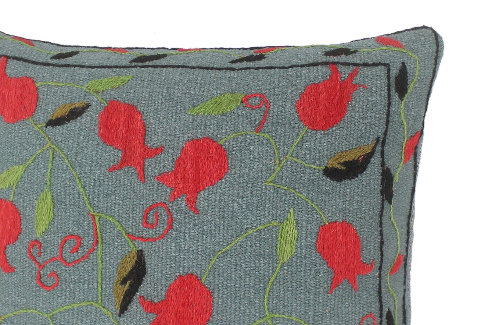 handmade  Pillow Gray Red Hand-Woven SQUARE 100% Wool Suzani Throw Pillow