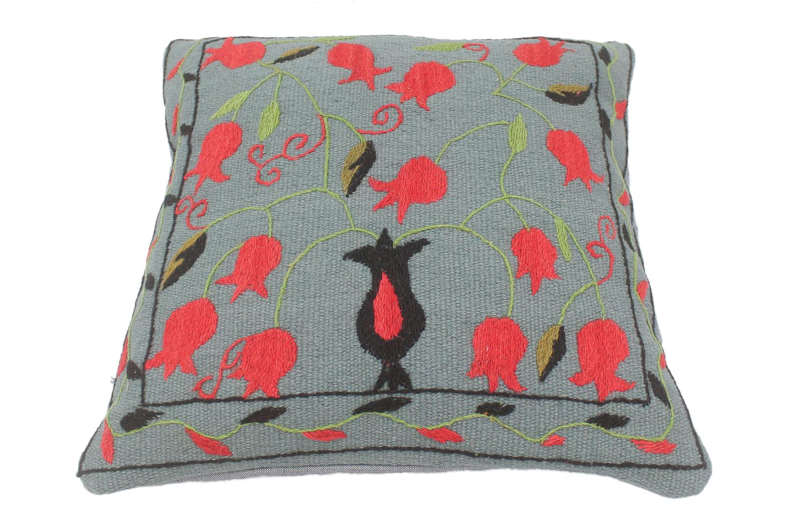 handmade  Pillow Gray Red Hand-Woven SQUARE 100% Wool Suzani Throw Pillow