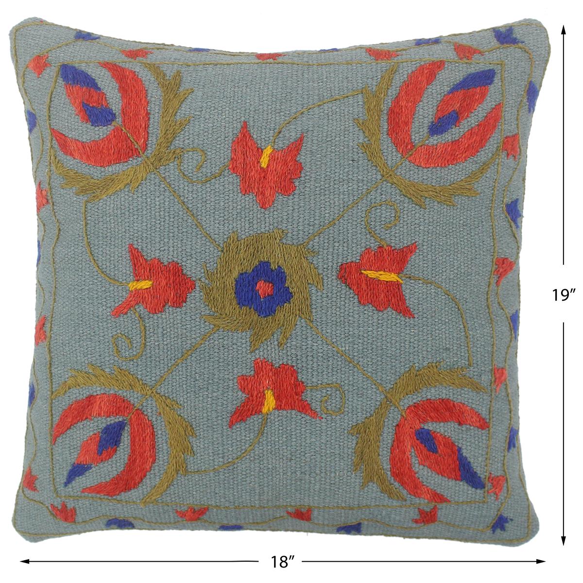 handmade  Pillow Blue Red Hand-Woven SQUARE 100% Wool Suzani Throw Pillow