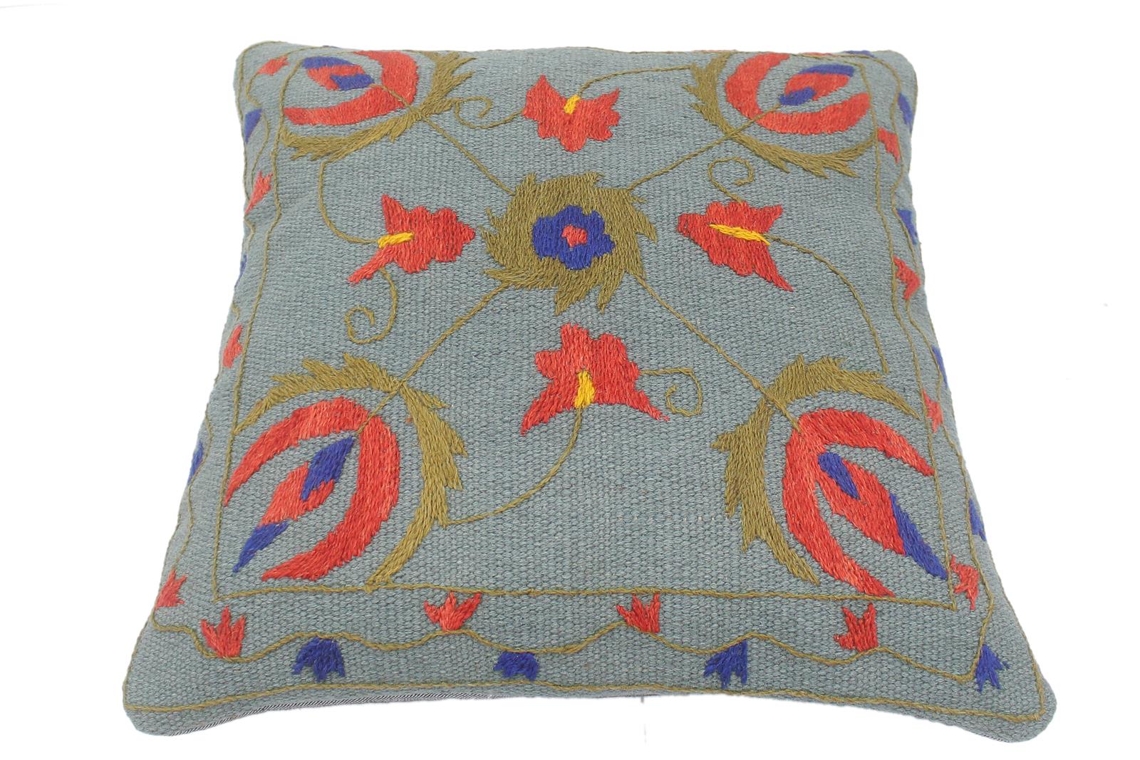 handmade  Pillow Blue Red Hand-Woven SQUARE 100% Wool Suzani Throw Pillow