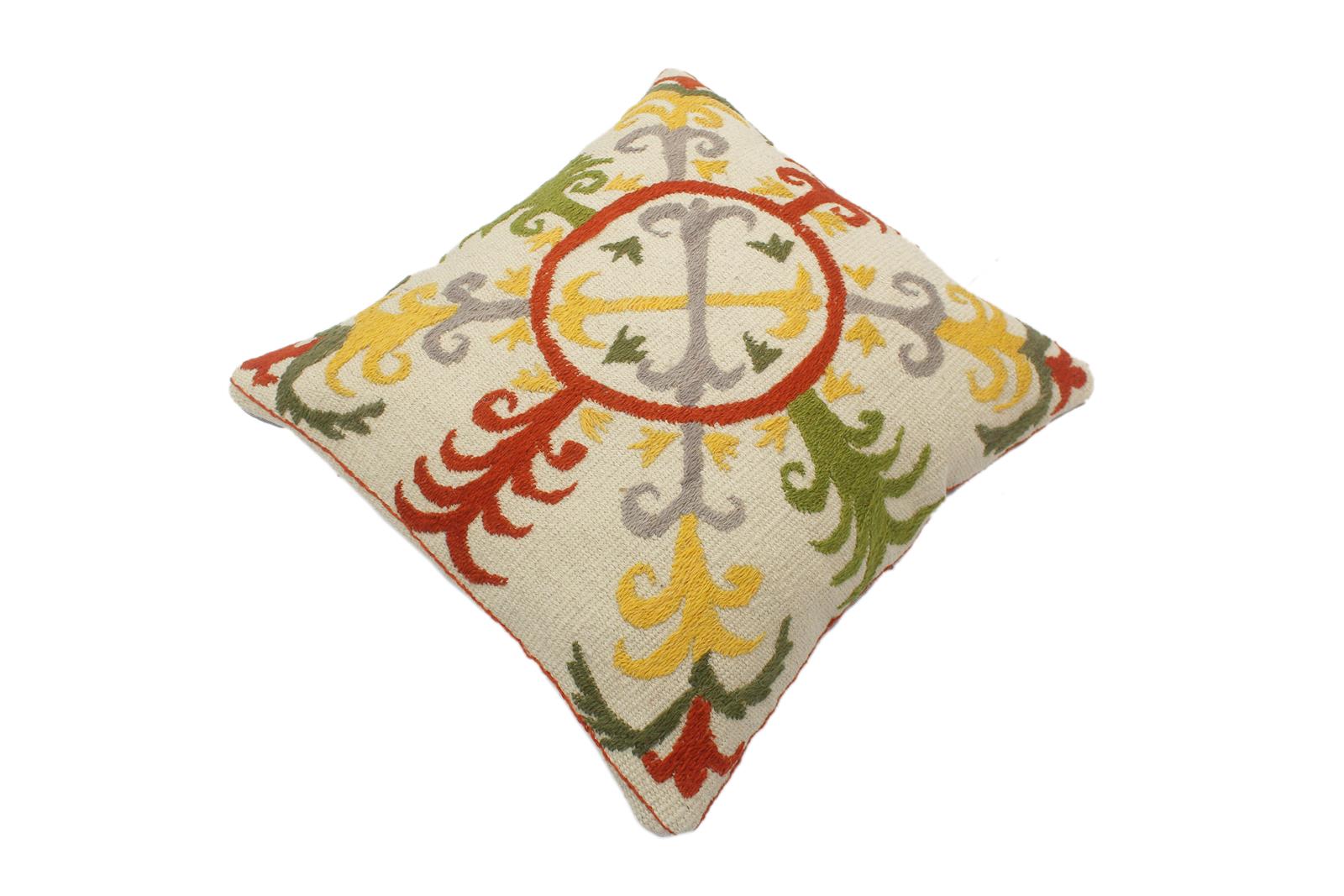 handmade  Pillow Beige Rust Hand-Woven SQUARE 100% Wool Suzani Throw Pillow