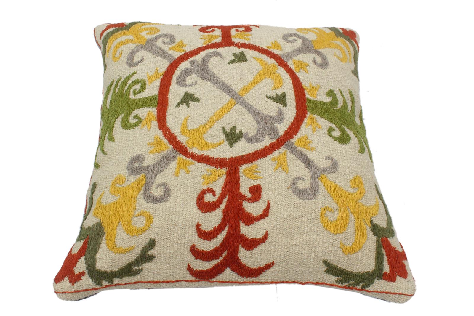 handmade  Pillow Beige Rust Hand-Woven SQUARE 100% Wool Suzani Throw Pillow