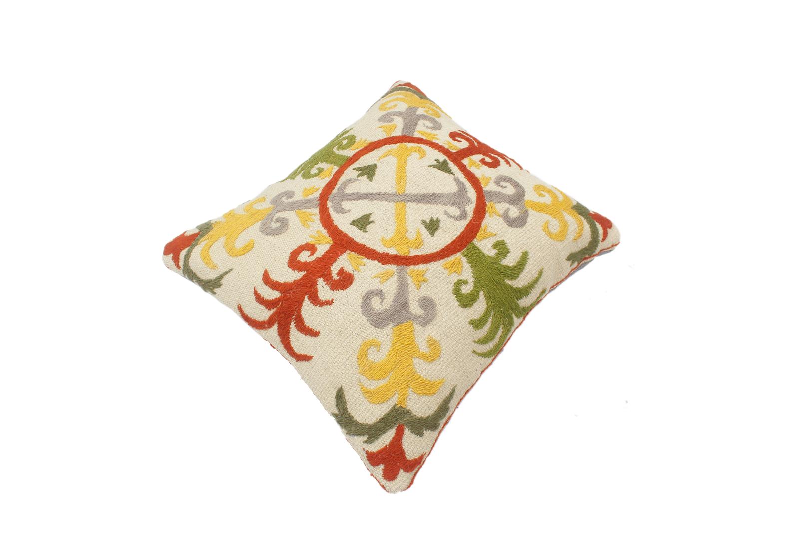 handmade  Pillow Beige Rust Hand-Woven SQUARE 100% Wool Suzani Throw Pillow