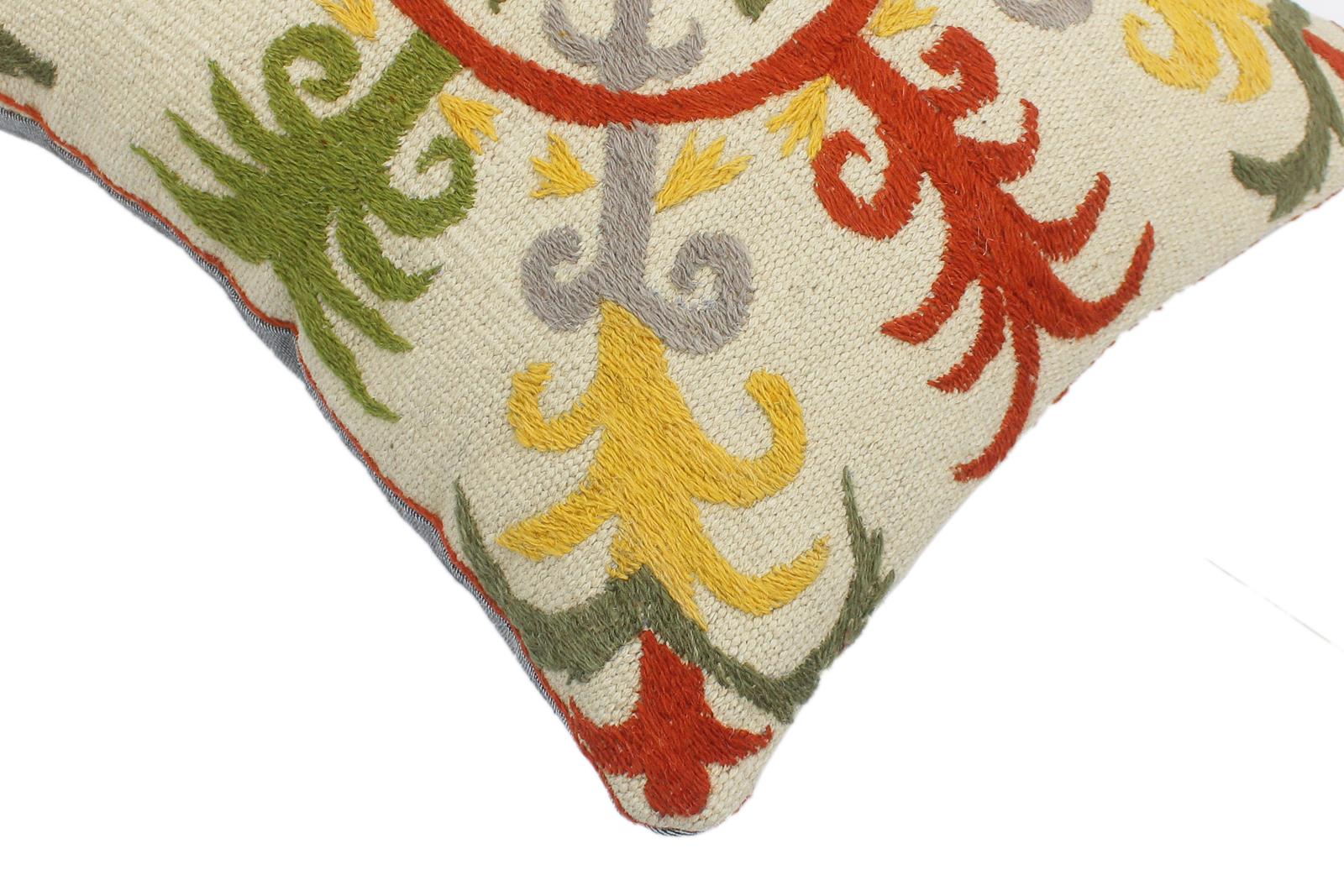 handmade  Pillow Beige Rust Hand-Woven SQUARE 100% Wool Suzani Throw Pillow