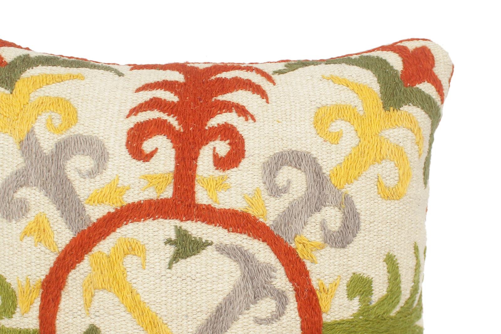 handmade  Pillow Beige Rust Hand-Woven SQUARE 100% Wool Suzani Throw Pillow