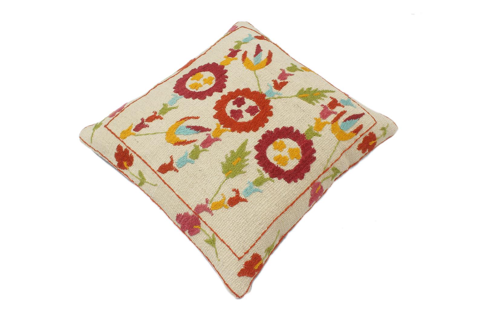 handmade  Pillow Beige Rust Hand-Woven SQUARE 100% Wool Suzani Throw Pillow