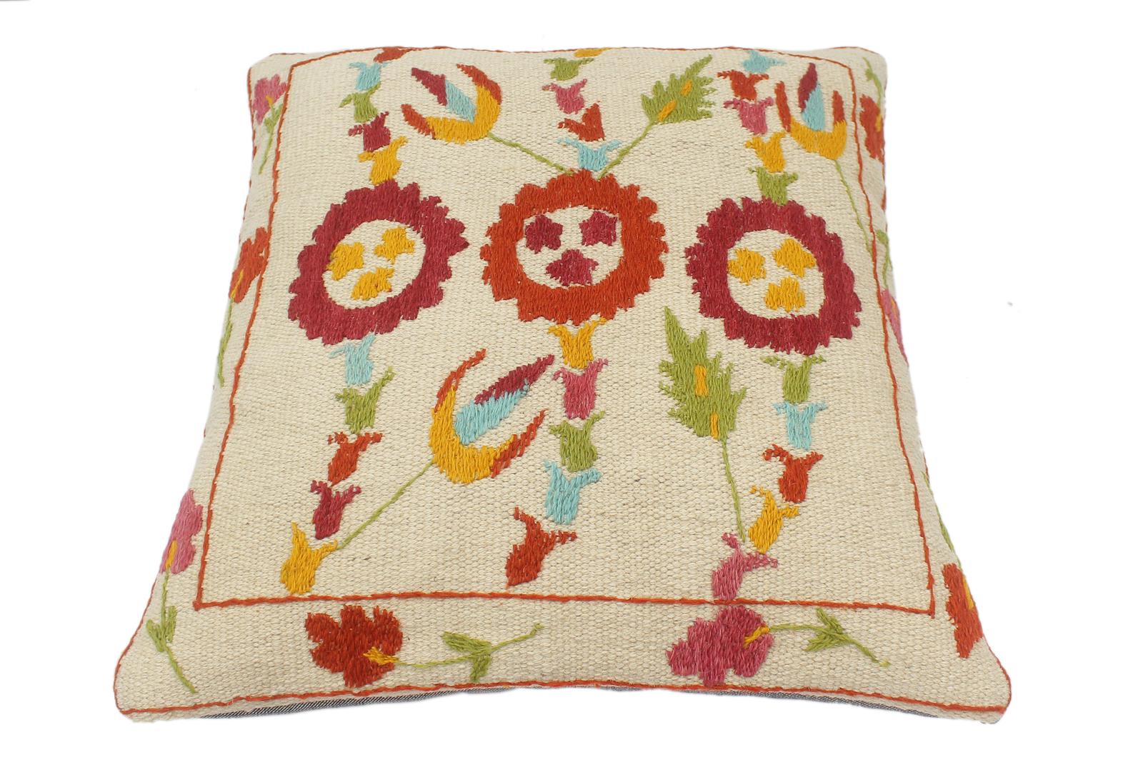 handmade  Pillow Beige Rust Hand-Woven SQUARE 100% Wool Suzani Throw Pillow