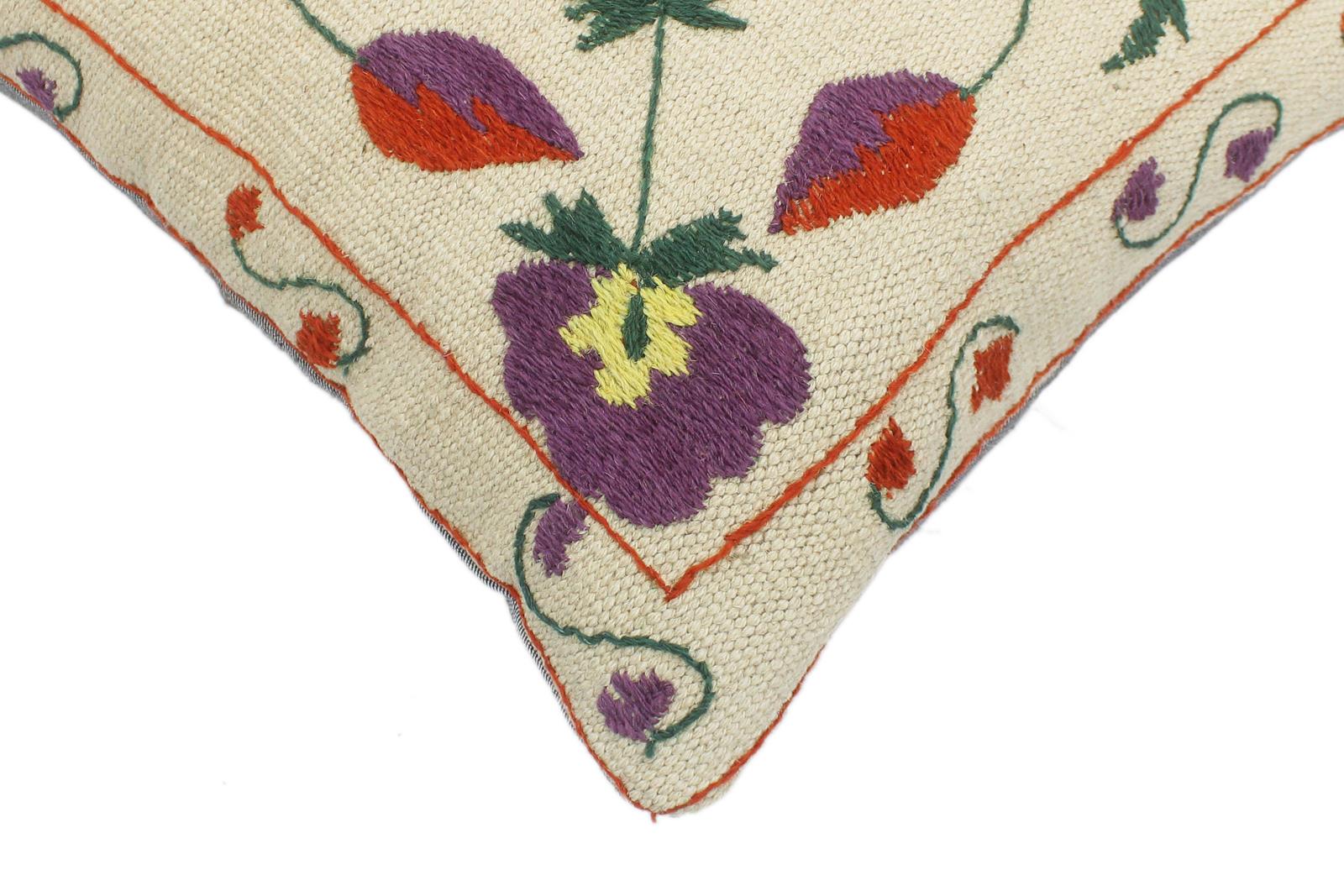 handmade  Pillow Beige Rust Hand-Woven SQUARE 100% Wool Suzani Throw Pillow