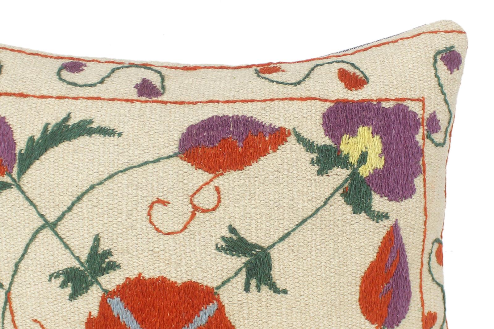 handmade  Pillow Beige Rust Hand-Woven SQUARE 100% Wool Suzani Throw Pillow