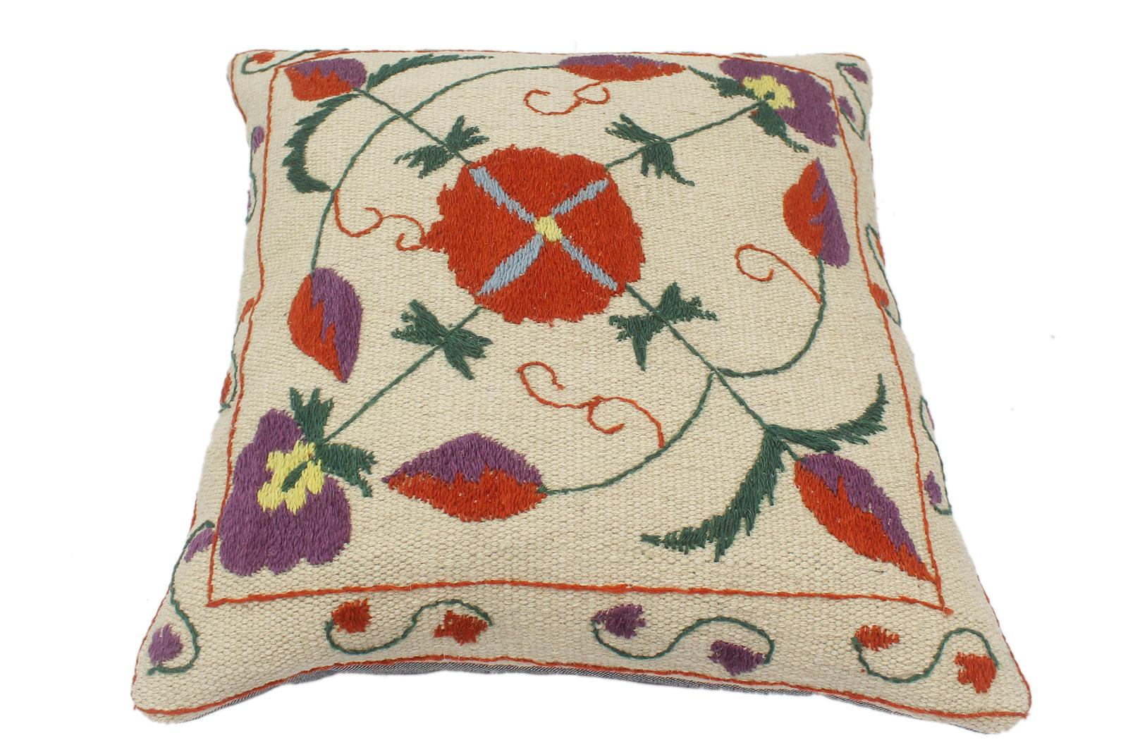 handmade  Pillow Beige Rust Hand-Woven SQUARE 100% Wool Suzani Throw Pillow