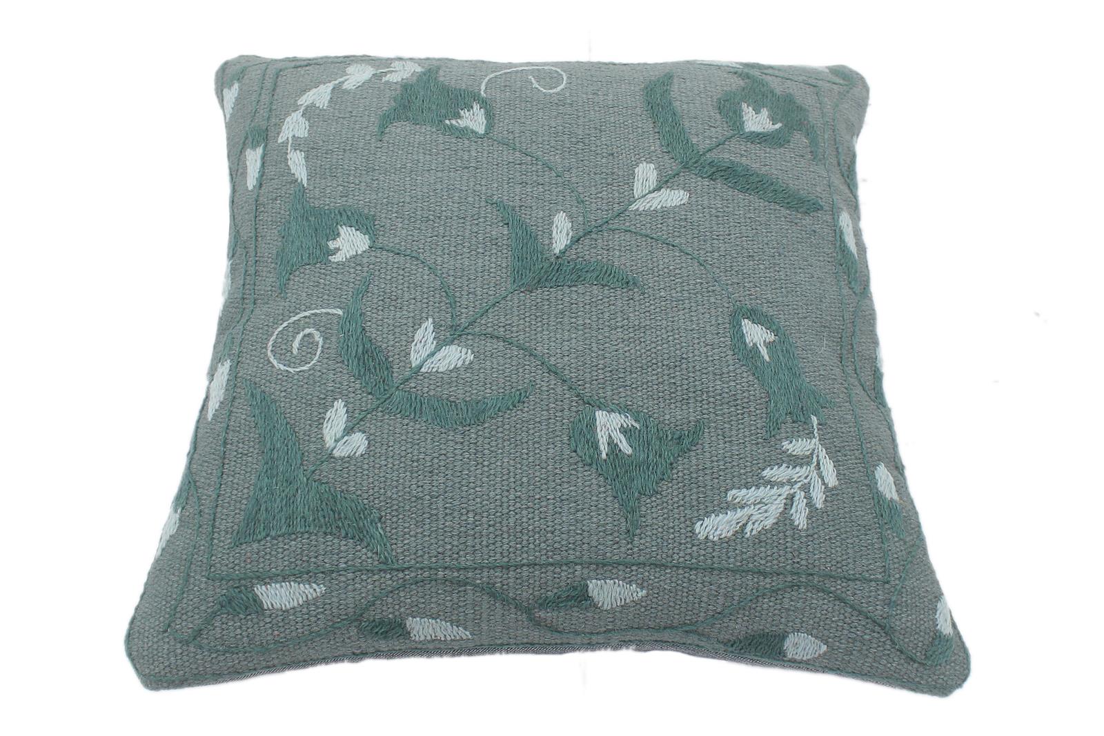 handmade  Pillow Gray Blue Hand-Woven SQUARE 100% Wool Suzani Throw Pillow